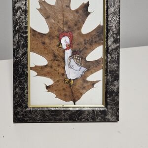 Painted Goose Art on a Leaf In A Vintage Black And White Marbeled Frame